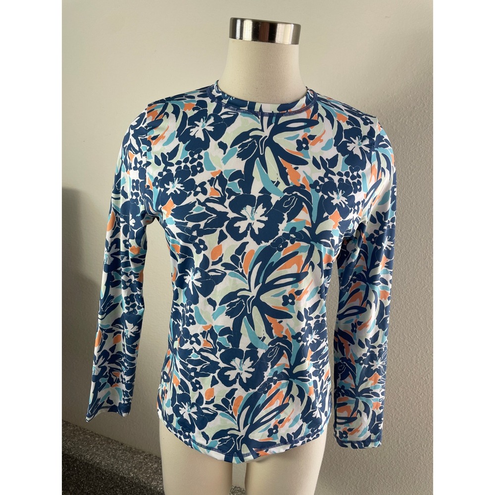Roxy Women Small Blue Green Floral Tropical Long Sleeve Rash Guard Swim Top